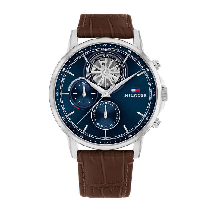 Tommy Hilfiger ur i stål med blå skive og brun læderrem