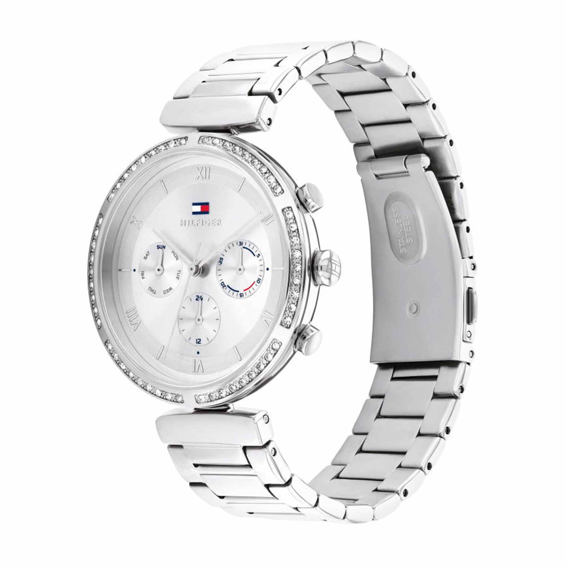 Tommy Hilfiger ur i stål med sølv skive og sten på kransen