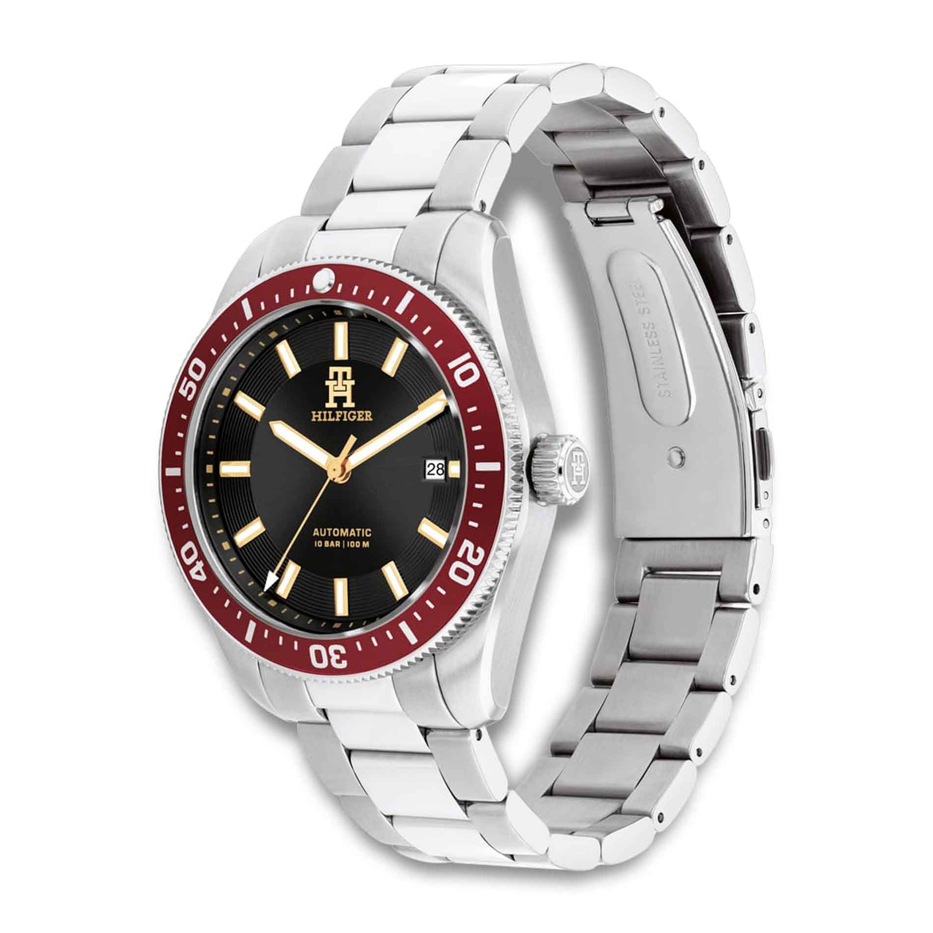 Tommy Hilfiger ur i stål med sort skive og rød krans