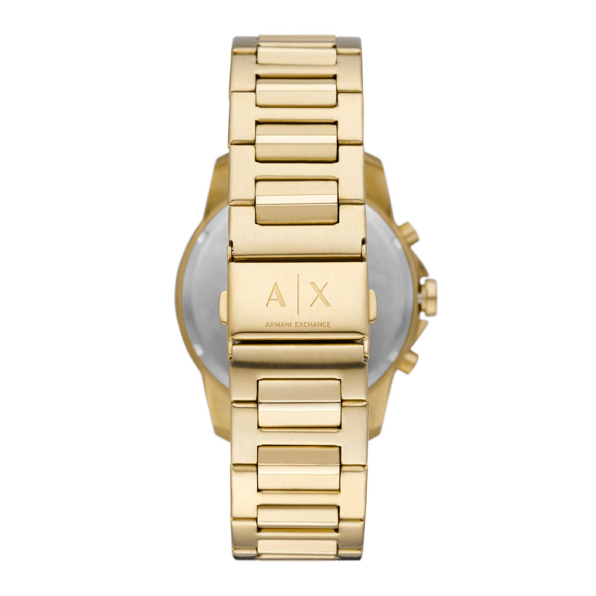 Guldfarvet Armani Exchange Banks AX1721 herreur med lænke. Uret har en mørk urkasse. Uret er set bagfra.