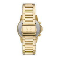 Guldfarvet Armani Exchange Banks AX1721 herreur med lænke. Uret har en mørk urkasse. Uret er set bagfra.