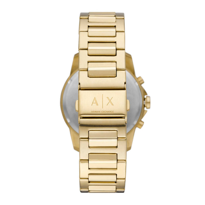 Guldfarvet Armani Exchange Banks AX1721 herreur med lænke. Uret har en mørk urkasse. Uret er set bagfra.