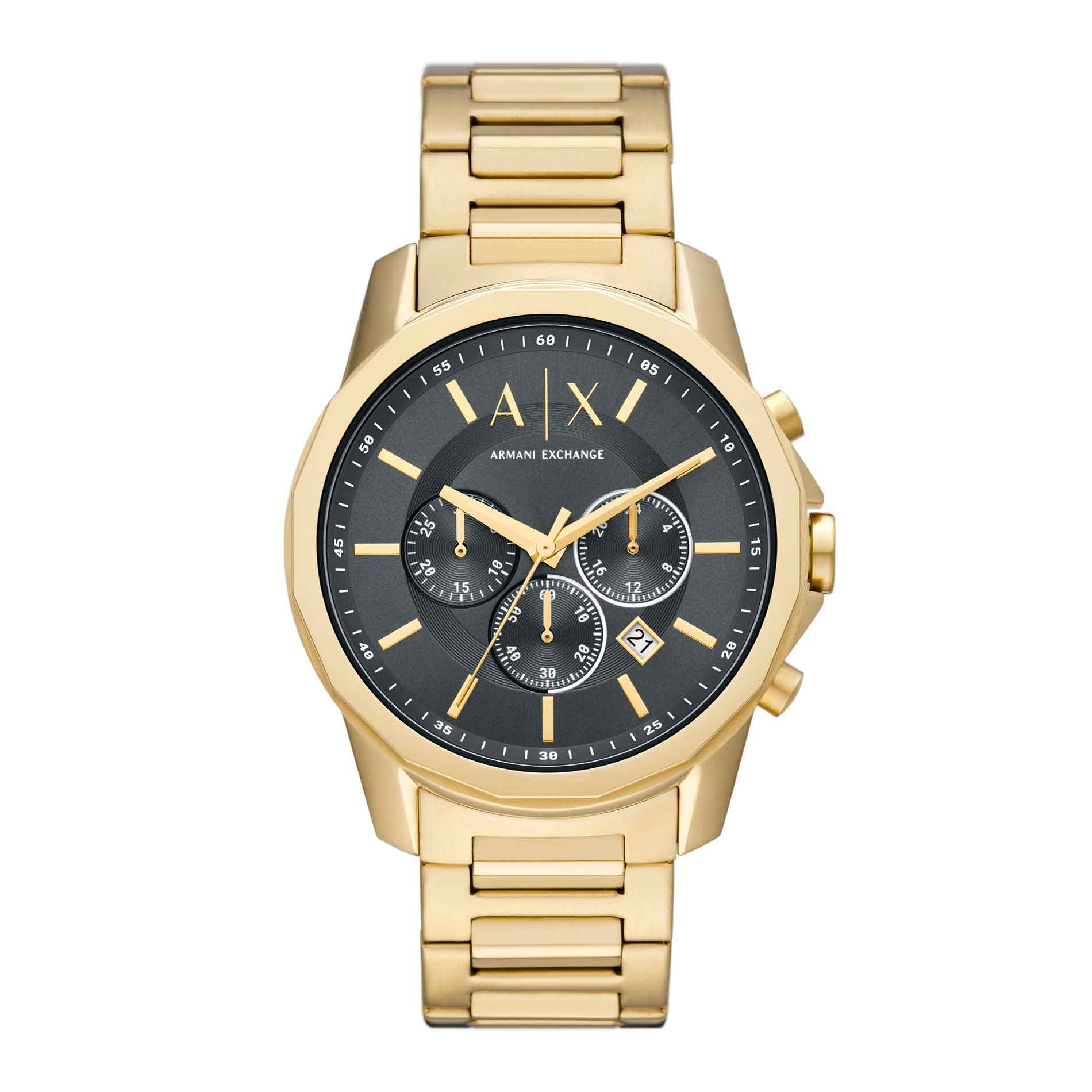 Guldfarvet Armani Exchange Banks AX1721 herreur med lænke. Uret har en mørk urkasse. Uret er set forfra.