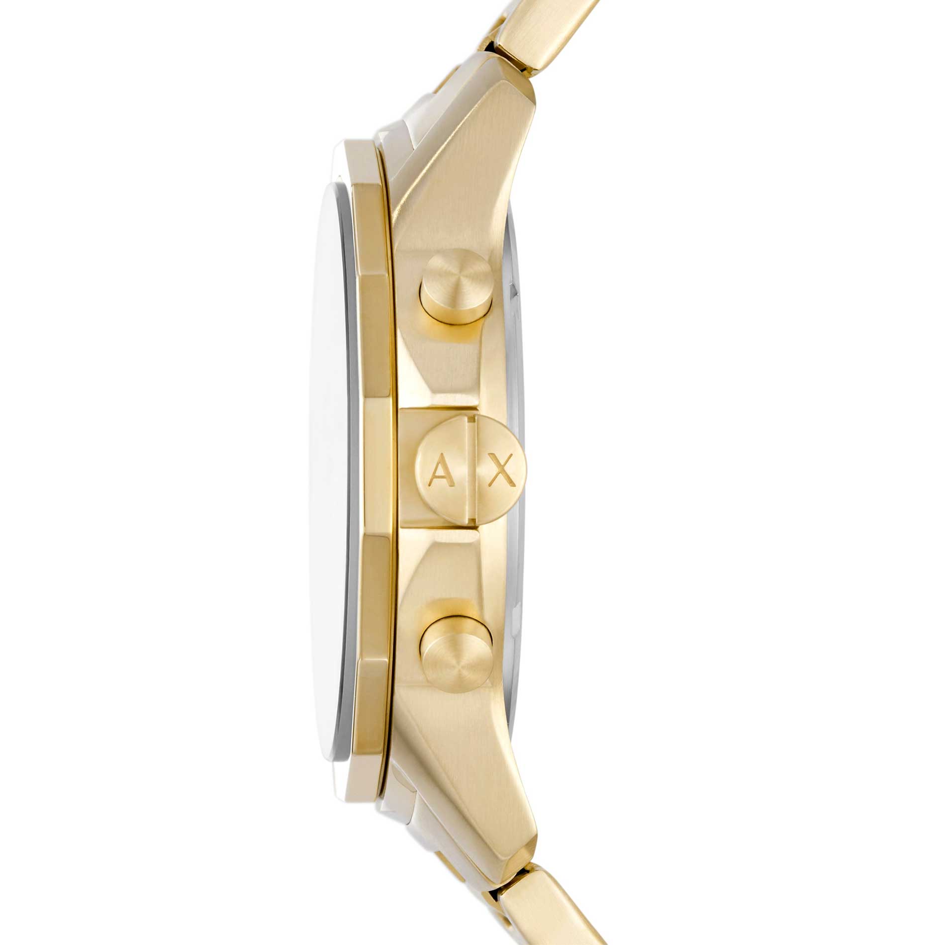Guldfarvet Armani Exchange Banks AX1721 herreur med lænke. Uret har en mørk urkasse. Uret er set fra siden.