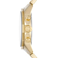 Guldfarvet Armani Exchange Banks AX1721 herreur med lænke. Uret har en mørk urkasse. Uret er set fra siden.