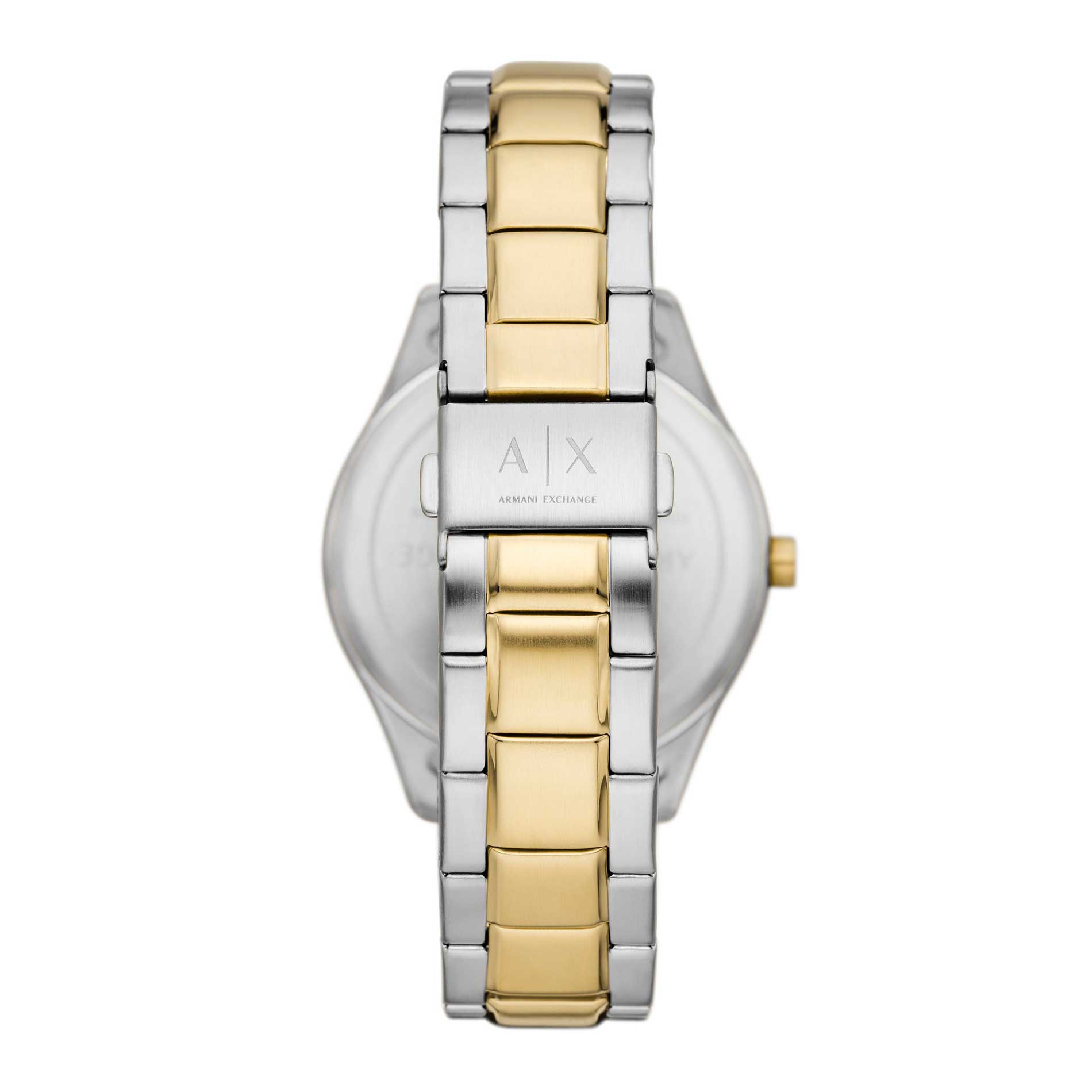 Armani Exchange Dante AX1865 herreur i stål / guldfarve med sort skive. Uret er set bagfra.