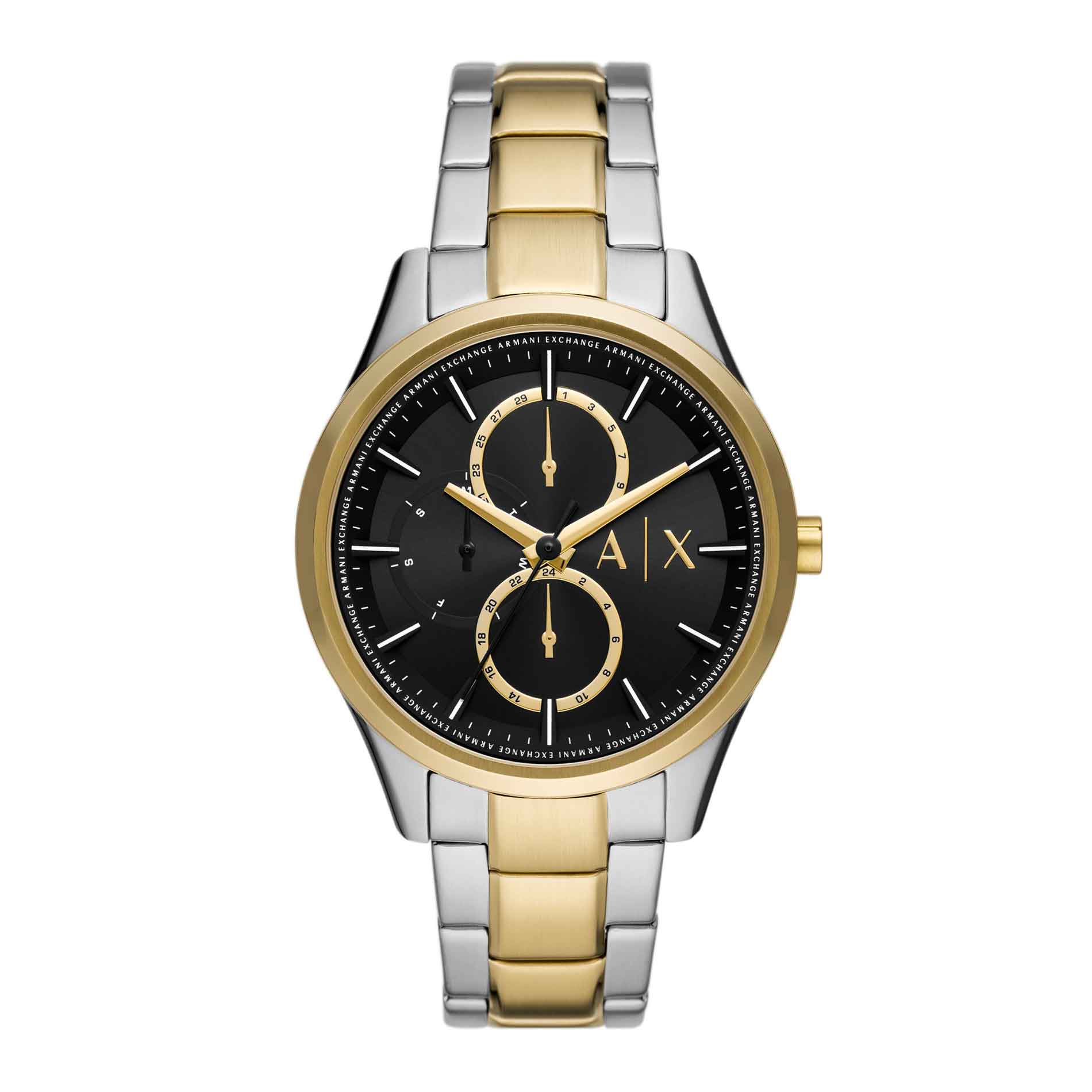 Armani Exchange Dante AX1865 herreur i stål / guldfarve med sort skive. Uret er set forfra.