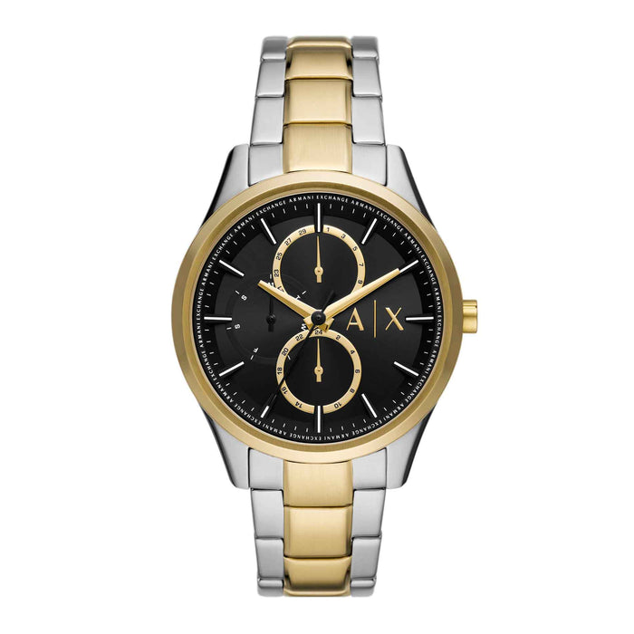 Armani Exchange Dante AX1865 herreur i stål / guldfarve med sort skive. Uret er set forfra.