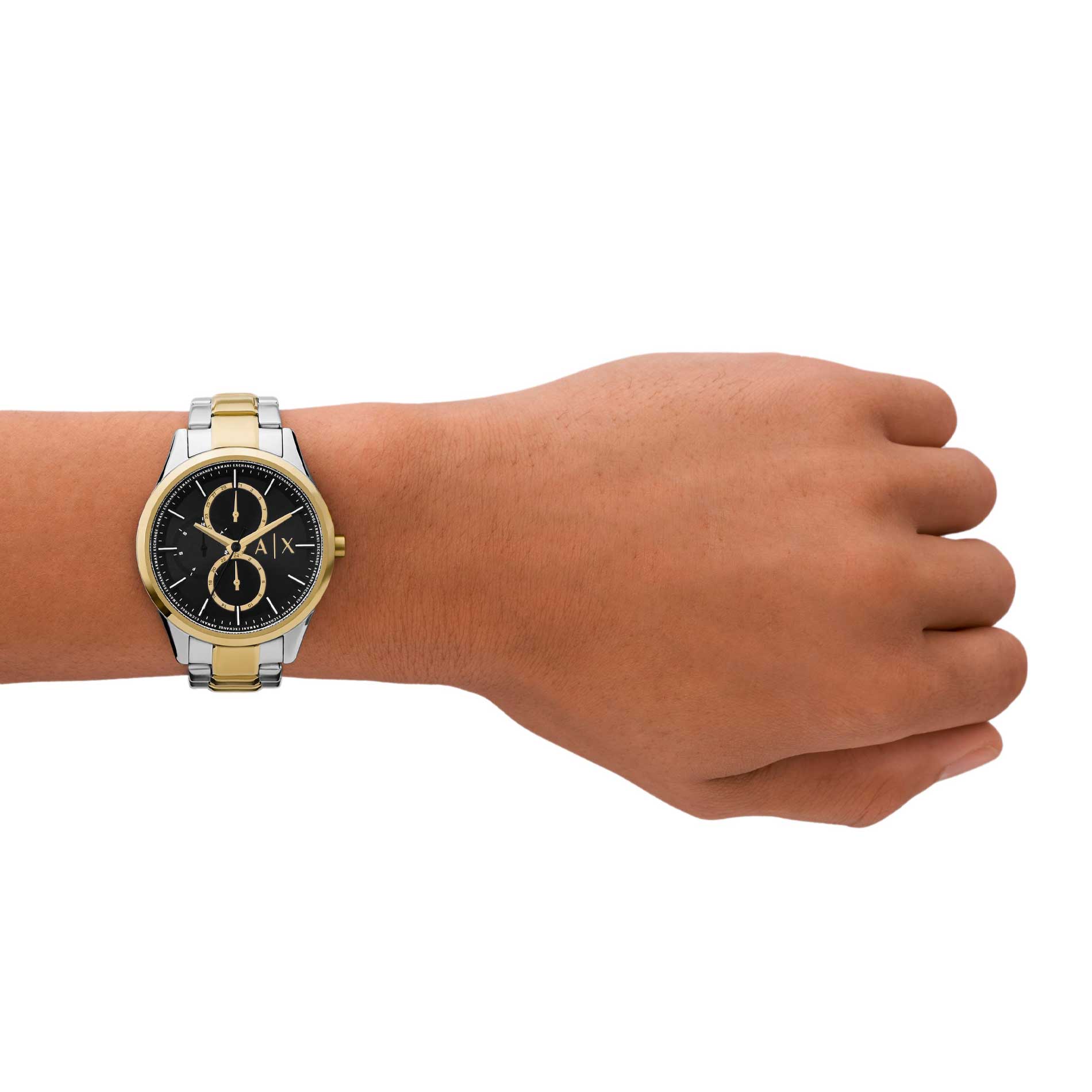 Armani Exchange Dante AX1865 herreur i stål / guldfarve med sort skive. Uret ses på et håndled.