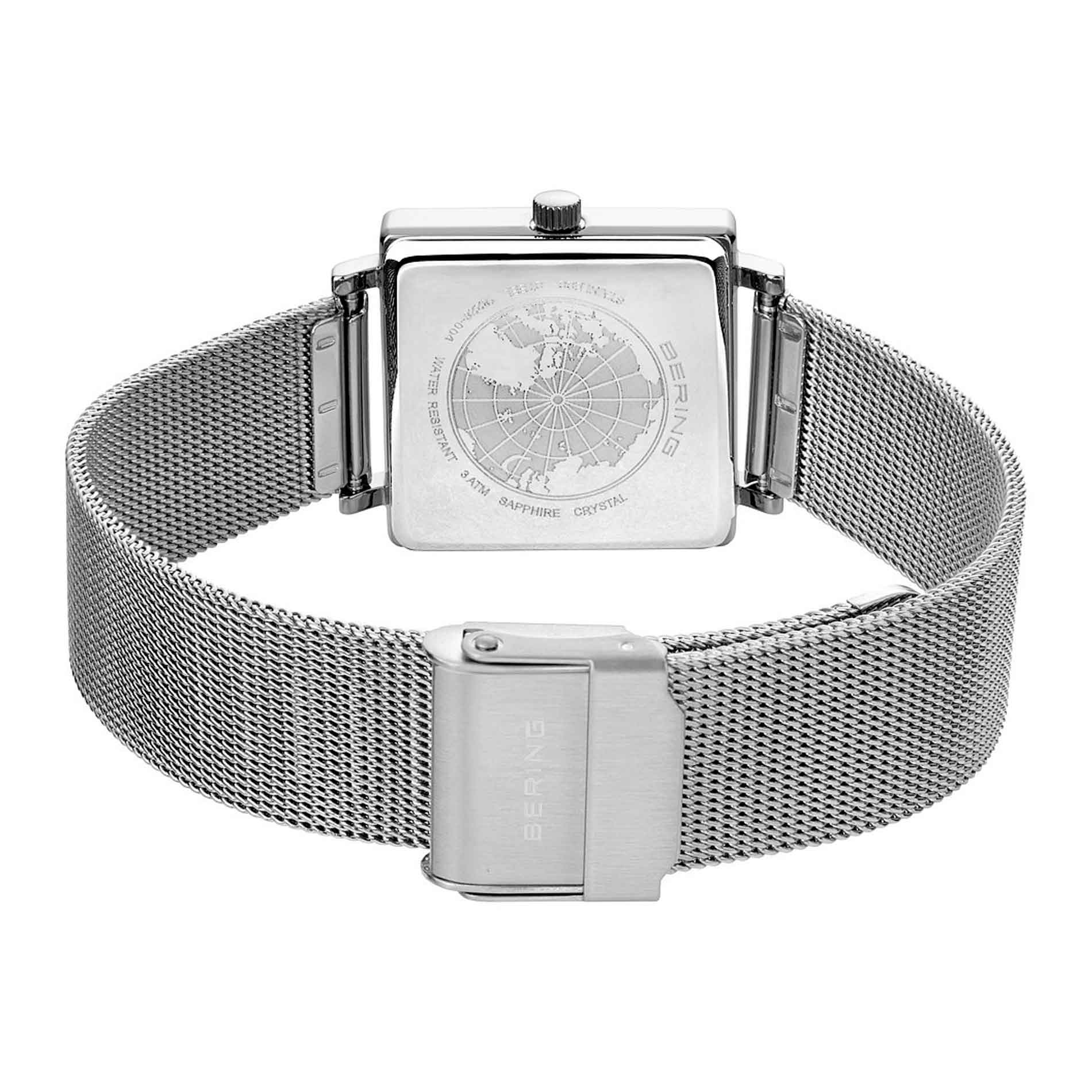 Firkantet ur i stål med hvid skive fra Bering