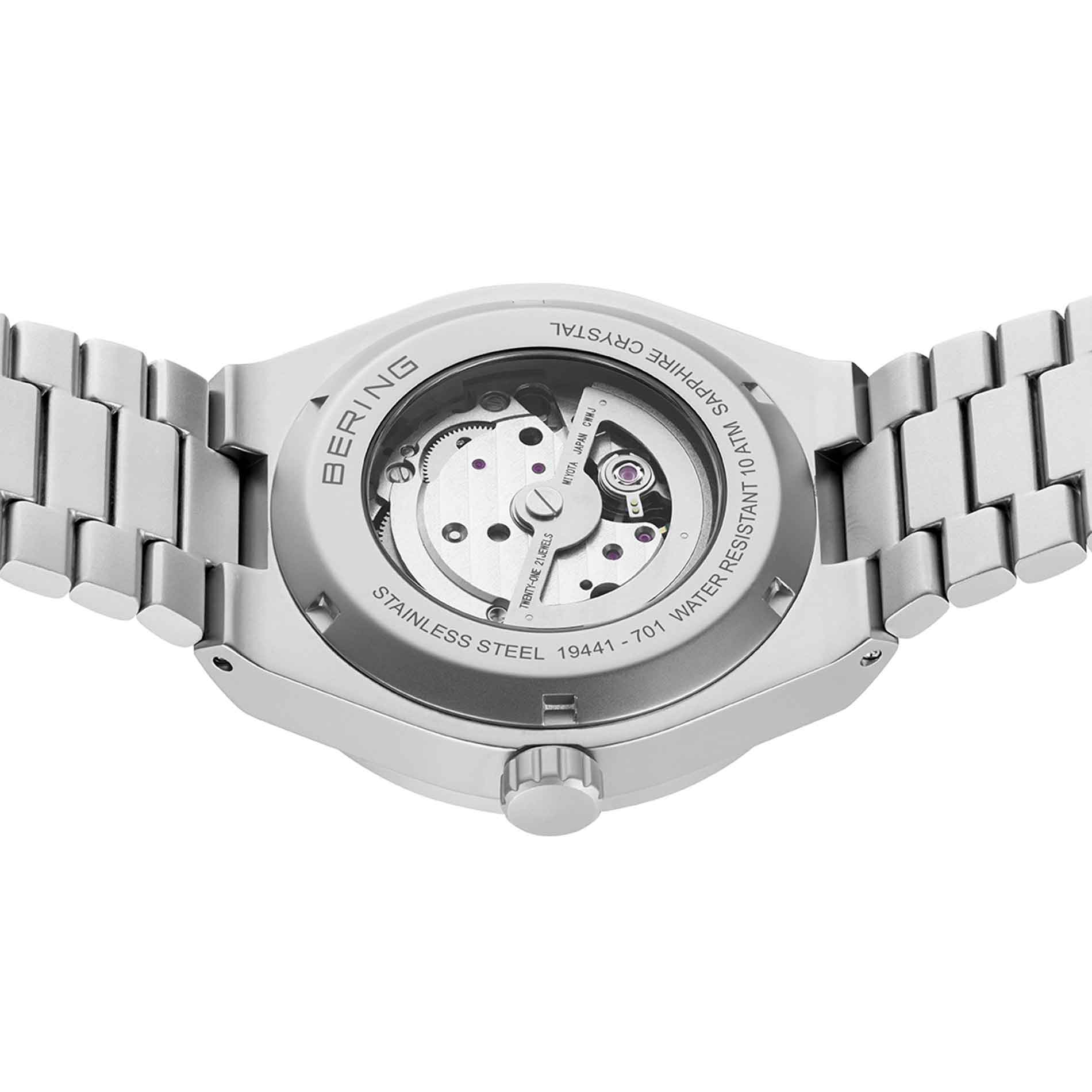 Automatisk ur i rustfrit stål med orange skive fra Bering