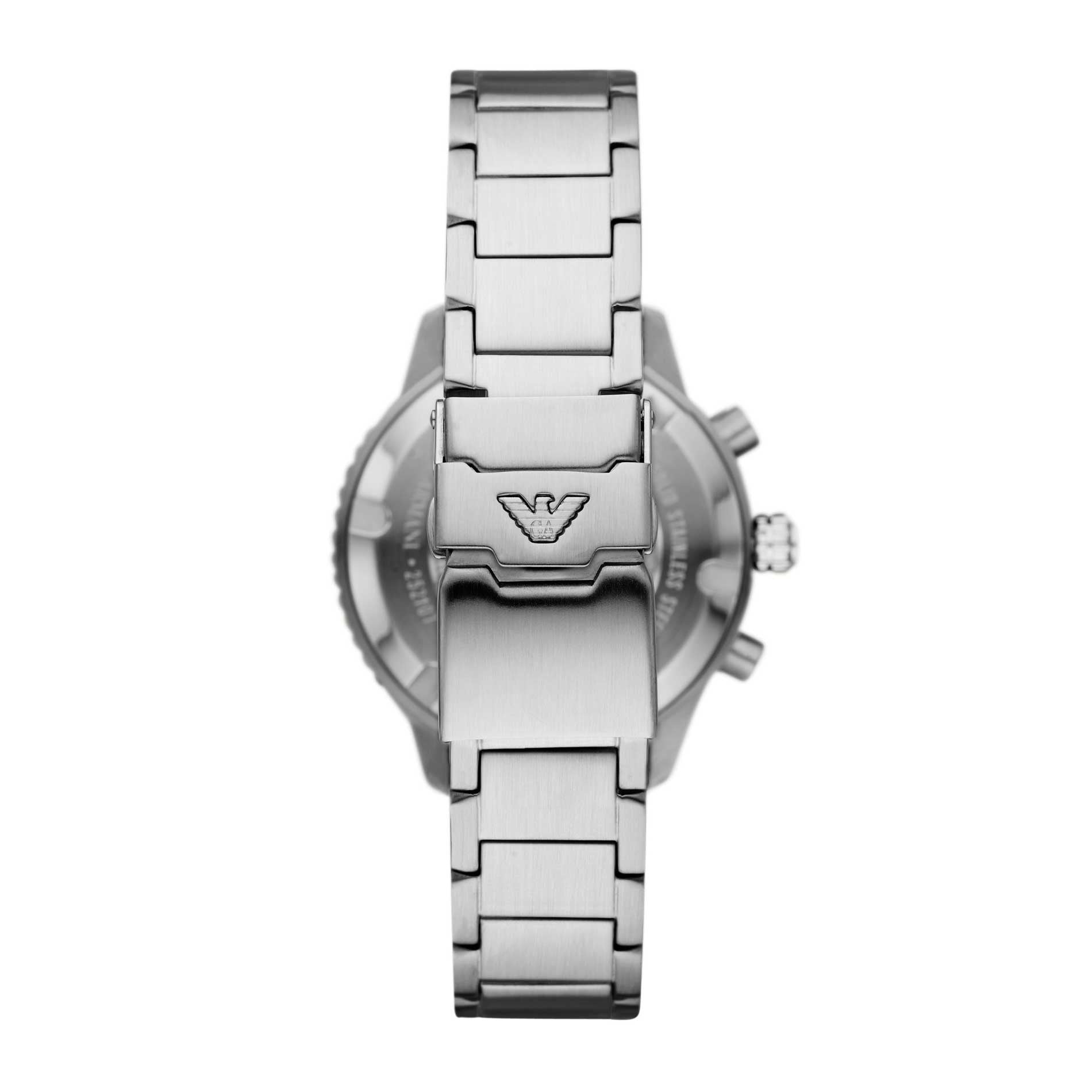 Emporio Armani Diver AR11360 herreur med en stål-urkasse og stållænke. Uret har en sort urskive og datovisning. Uret er set bagfra.