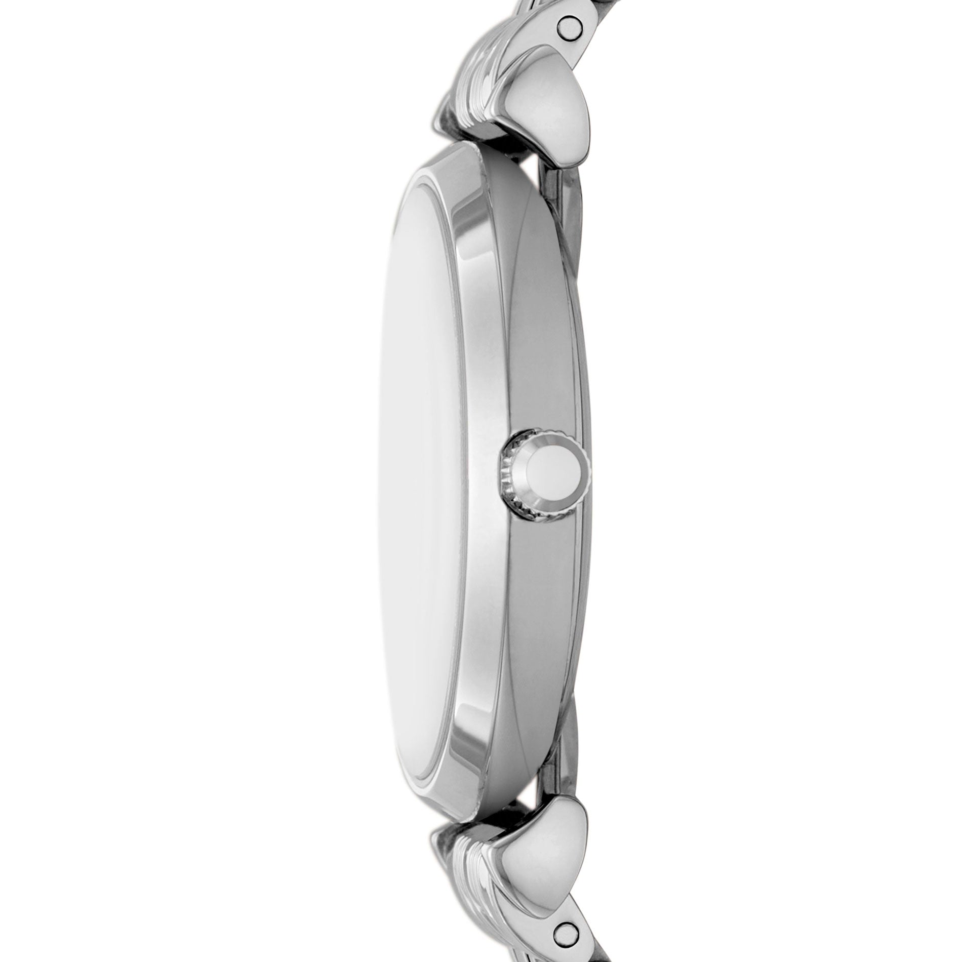 Emporio Armani Gianni T-Bar AR11445 dameur med stål-urkasse og sølvfarvet skive med romerske tal og glitrende krystaller. Uret er set fra siden.