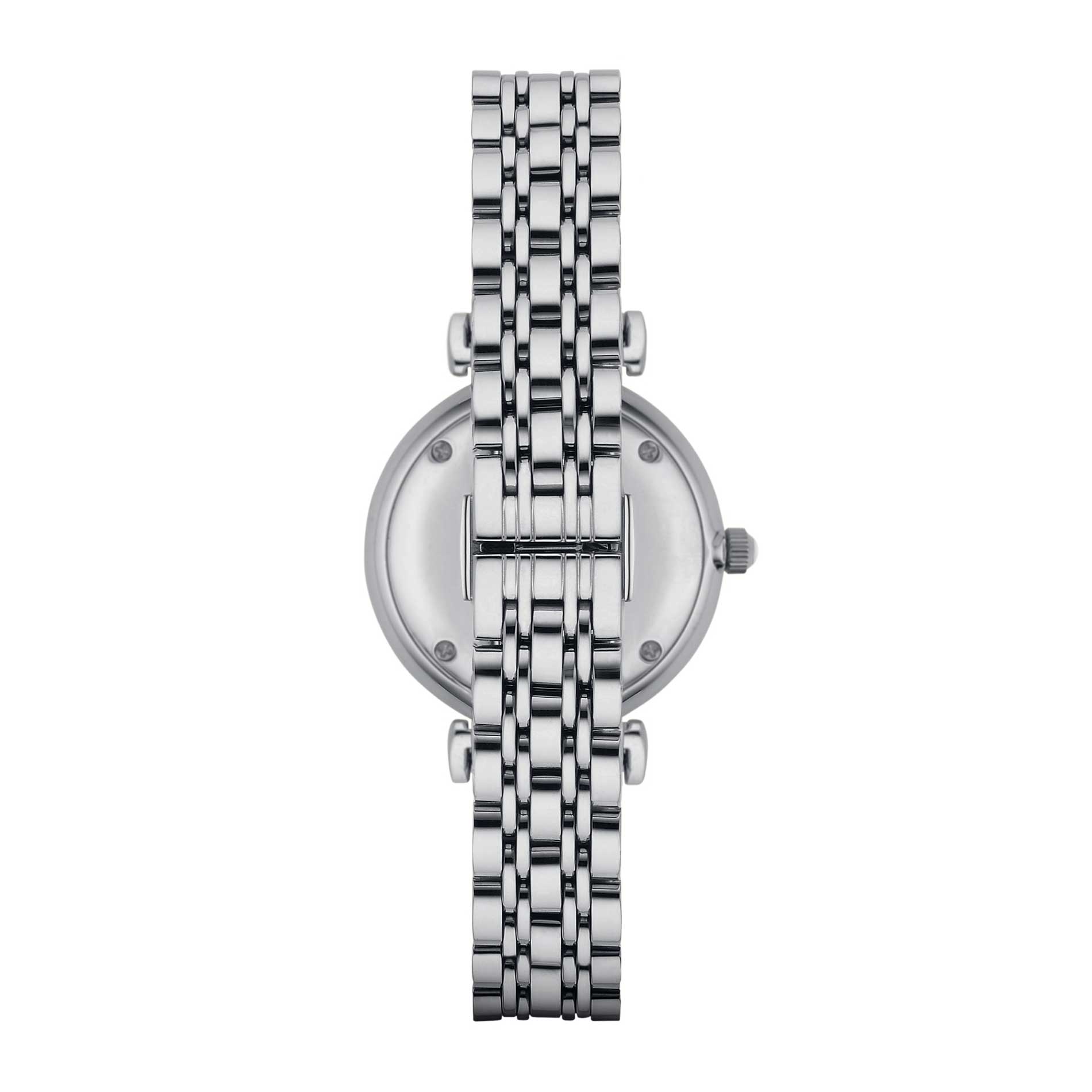 Emporio Armani Gianni T-Bar AR1908 dameur med stål-urkasse og hvid skive med romerske tal og glitrende krystaller. Uret er set bagfra.