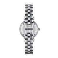 Emporio Armani Gianni T-Bar AR1908 dameur med stål-urkasse og hvid skive med romerske tal og glitrende krystaller. Uret er set bagfra.