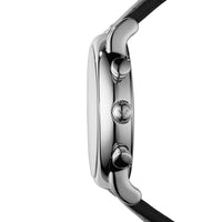 Emporio Armani Luigi AR1828 herreur i sort med læderrem. Uret er set fra siden.