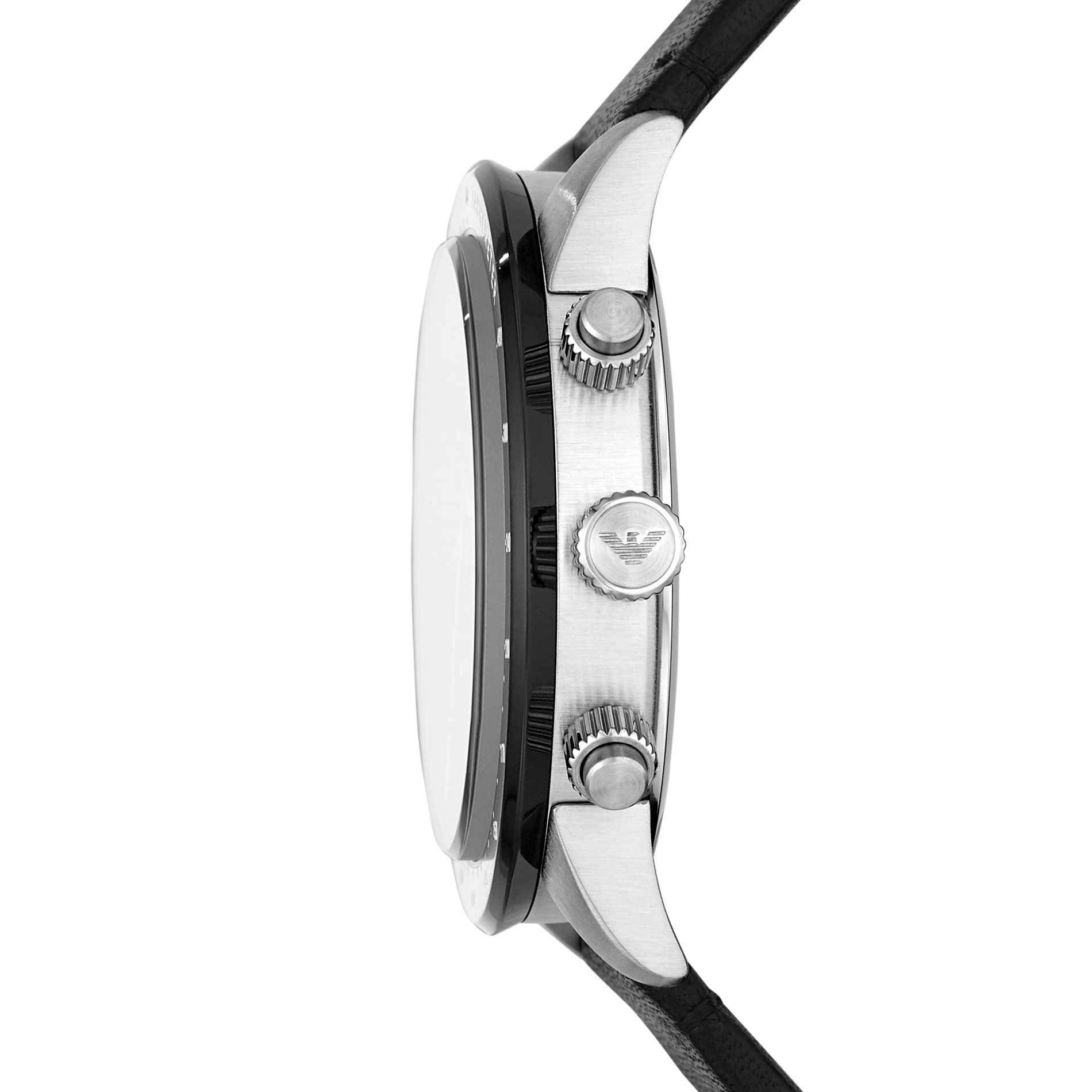 Emporio Armani Mario AR11243 herreur i stål med sort skive. Uret er set fra siden.