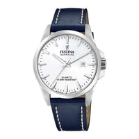 Festina Swiss Made med hvid urskive og blå læderrem Ø41 mm