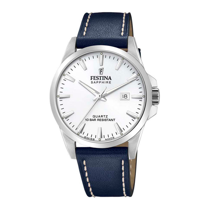 Festina Swiss Made med hvid urskive og blå læderrem Ø41 mm