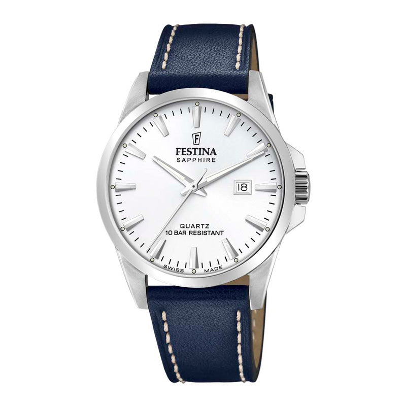 Festina Swiss Made med hvid urskive og blå læderrem Ø41 mm