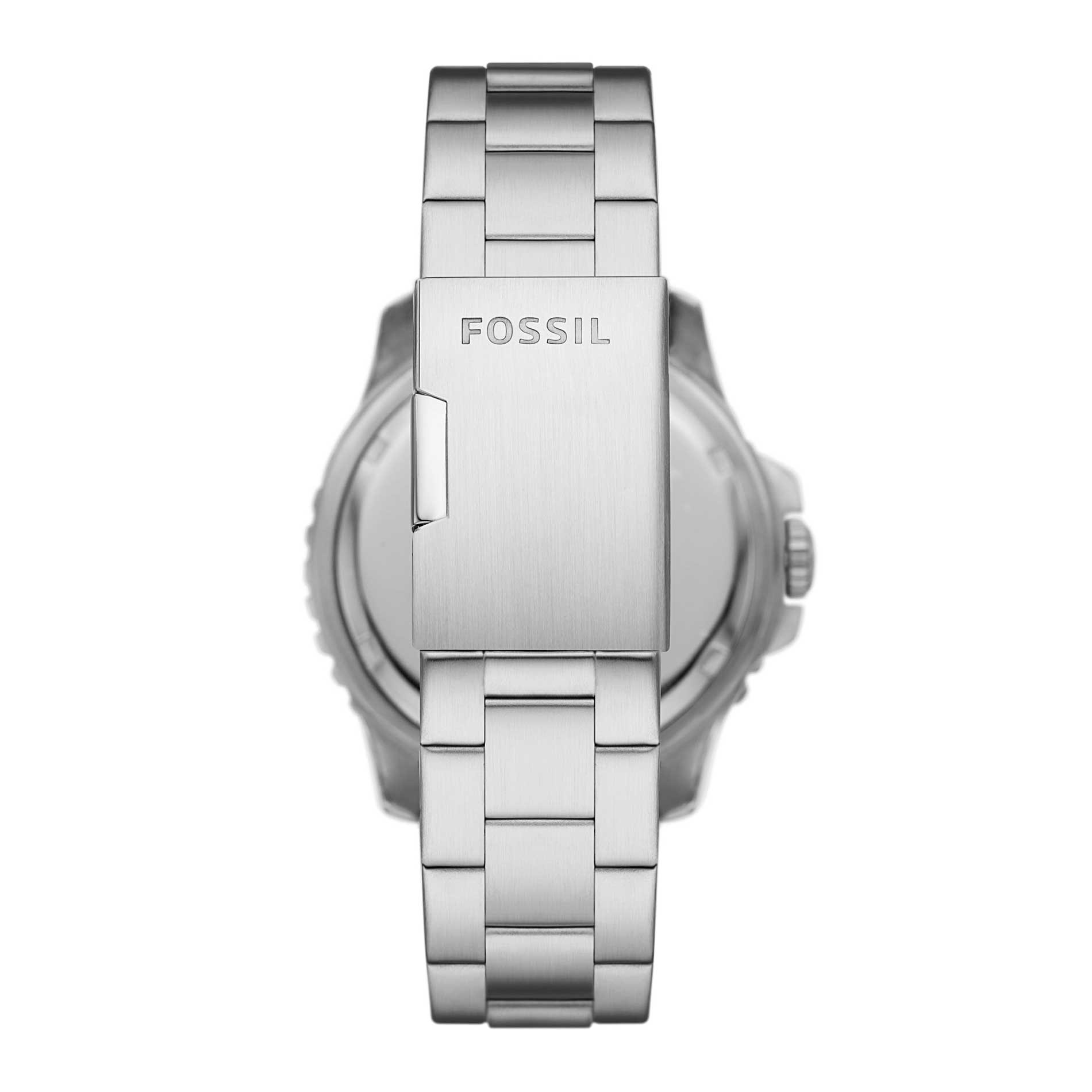 Fossil Blue herreur i guldtonet stål med blå skive med dato. Uret er set bagfra.