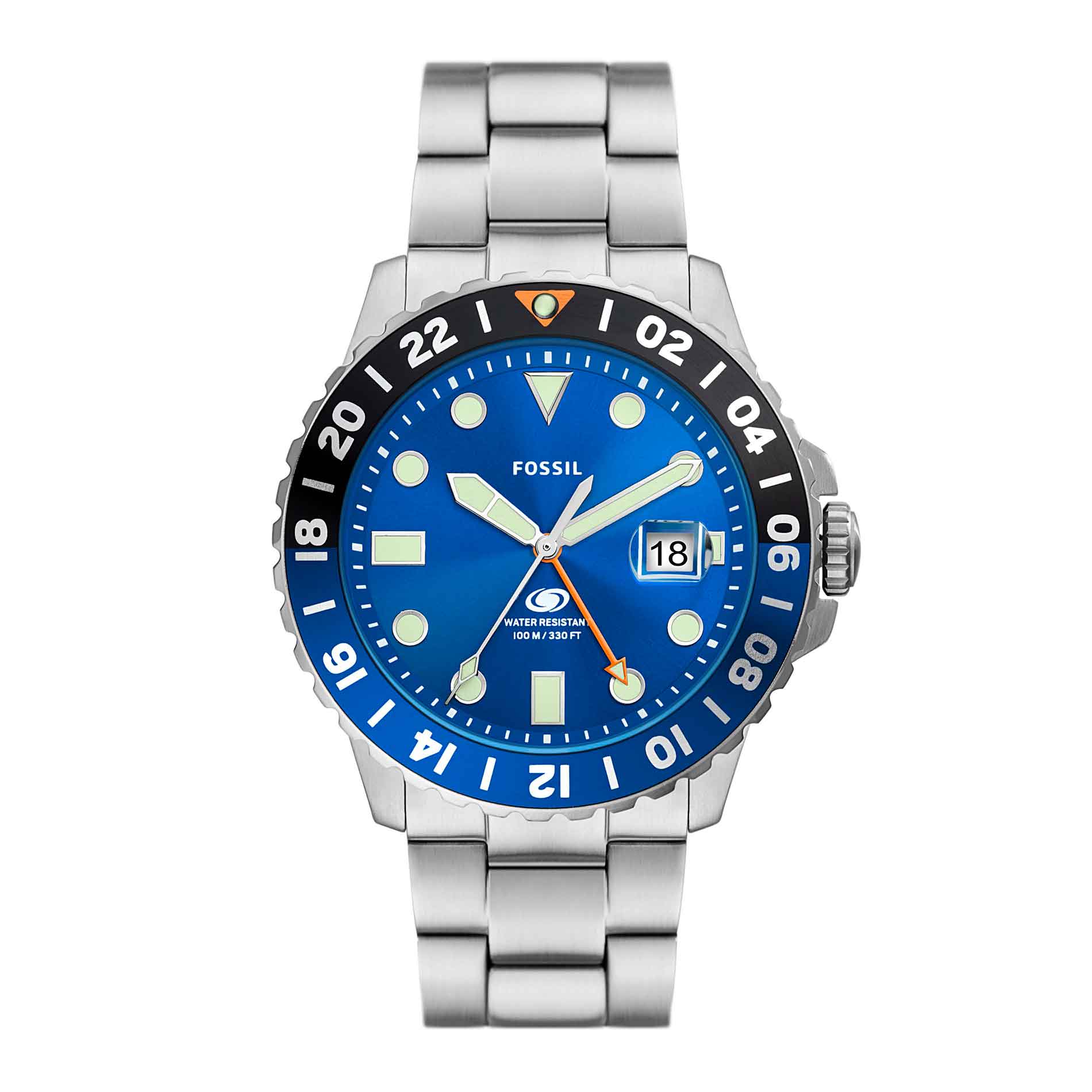 Fossil Blue herreur i guldtonet stål med blå skive med dato. Uret er set forfra.