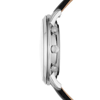 Fossil Neutra Chrono herreur i stål med sort urskive og sort læderrem. Uret er set fra siden.