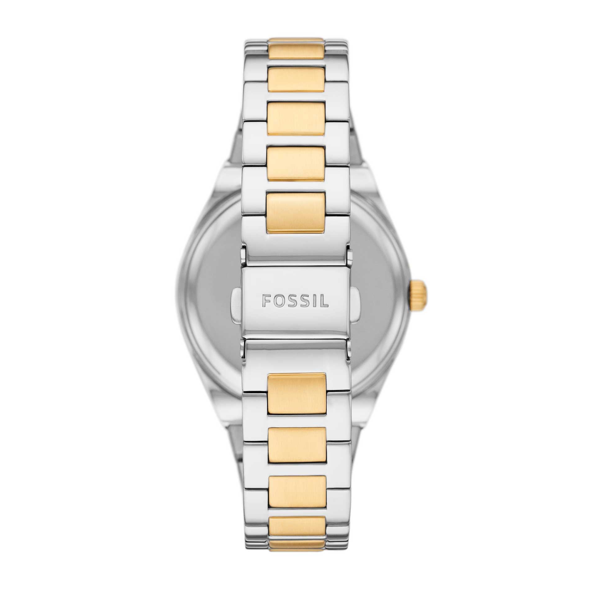 Fossil Scarlette dameur i stål med gyldne detaljer. Uret er set bagfra.