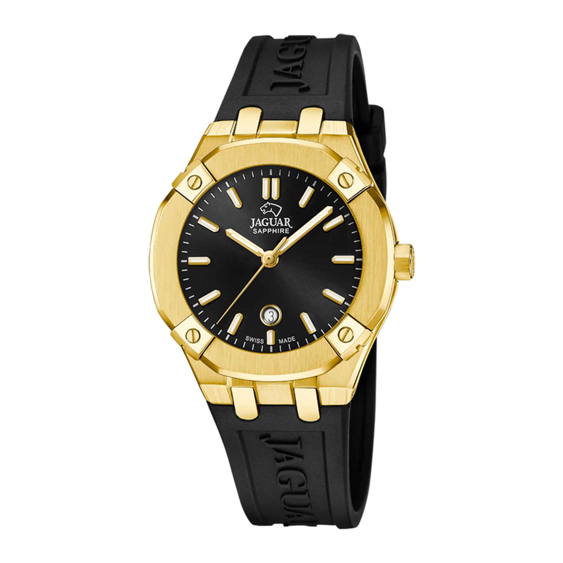 Jaguar ur med sort skive og silikonerem med guld urkasse