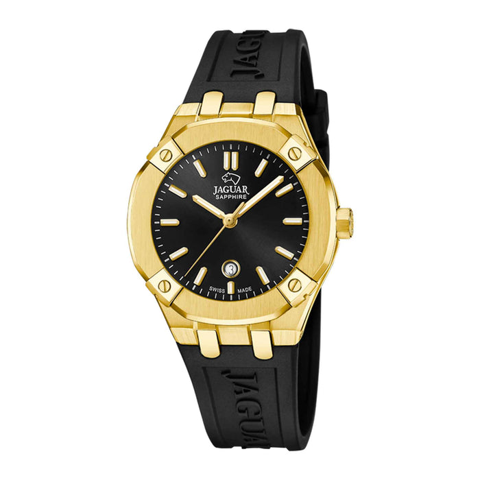 Jaguar ur med sort skive og silikonerem med guld urkasse