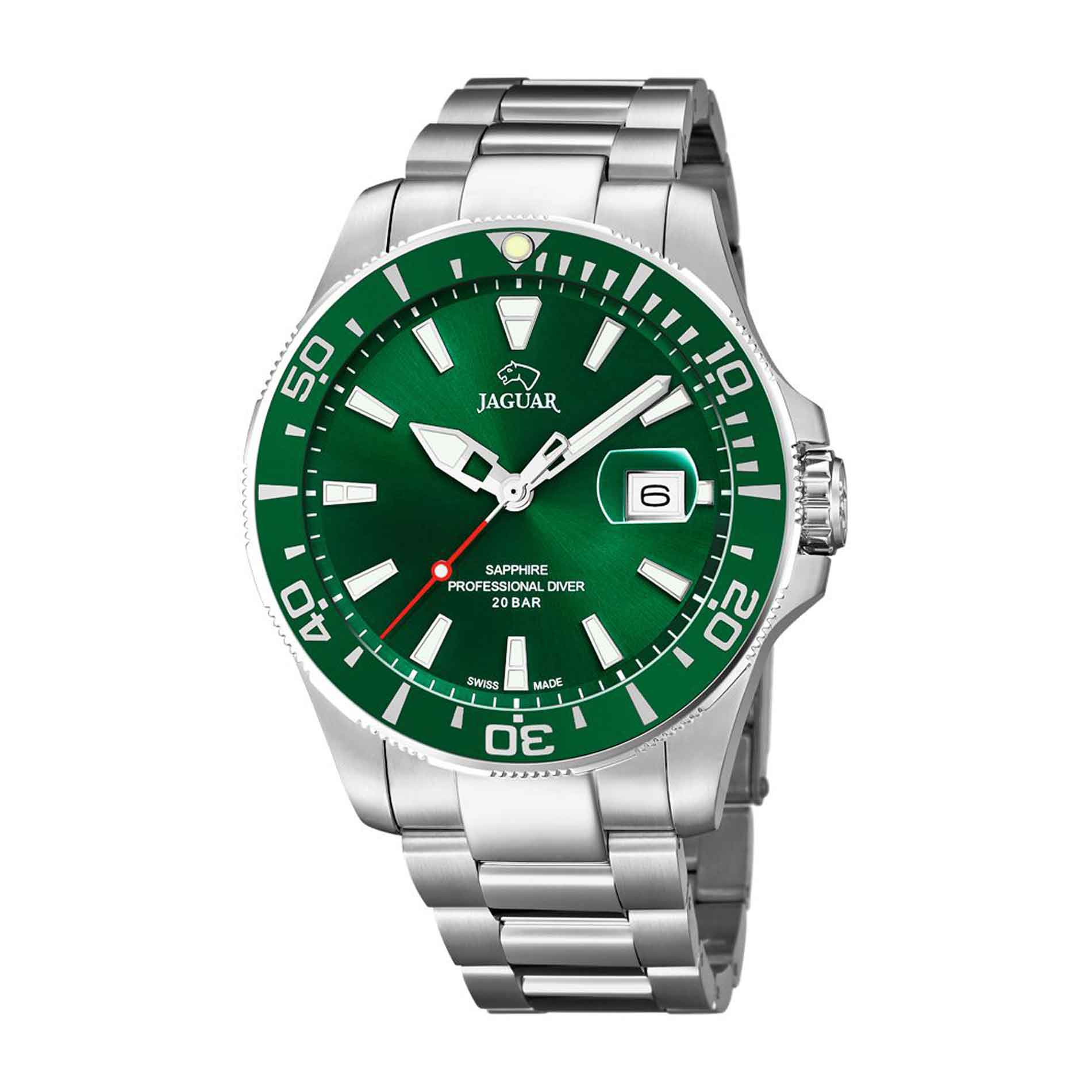 Dykkerur fra Jaguar i stål med grøn skive og krans