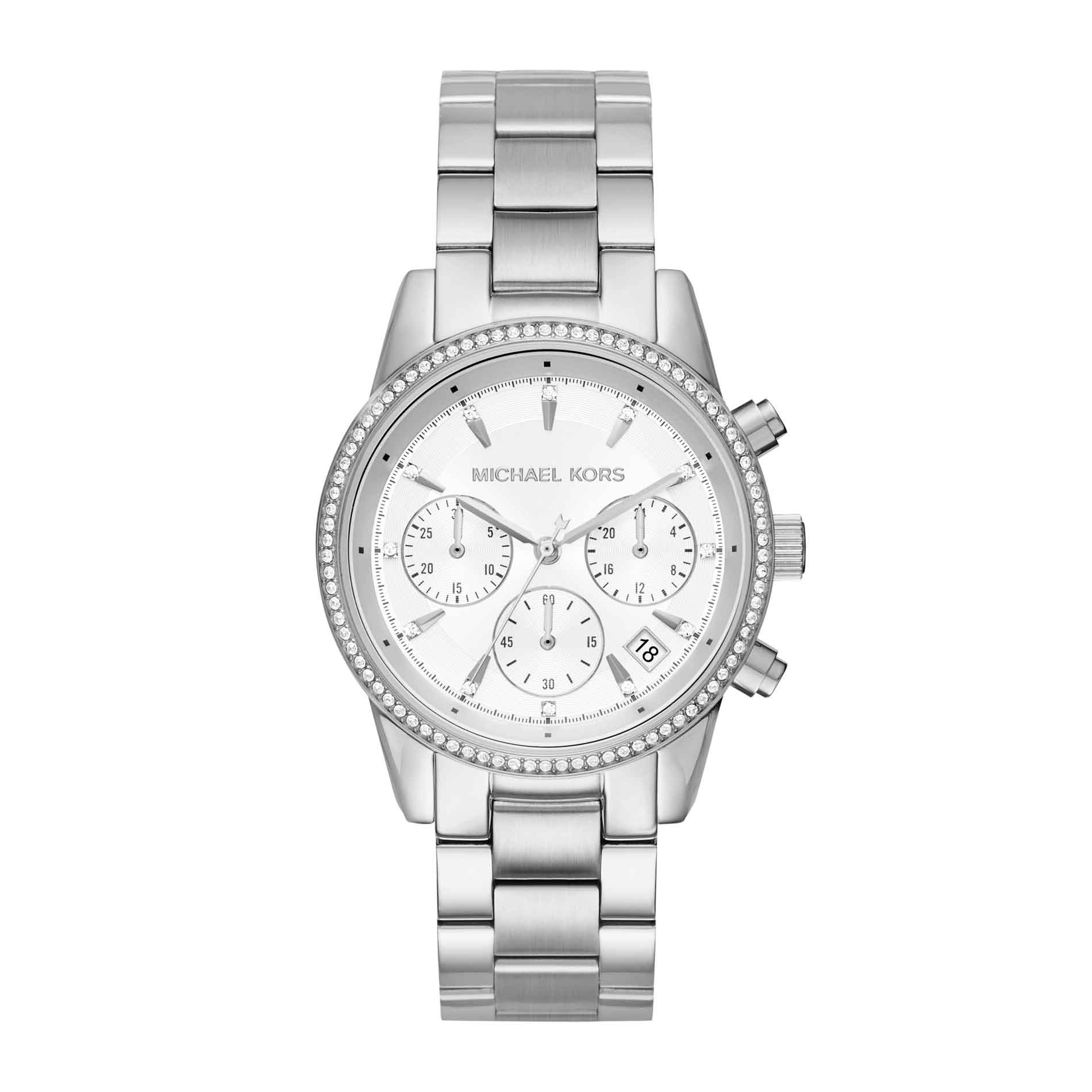 Sølvfarvet Michael Kors Ritz MK6428 dameur med hvide sten i kransen. Uret har en grå skive og en stållænke. Uret er set forfra.