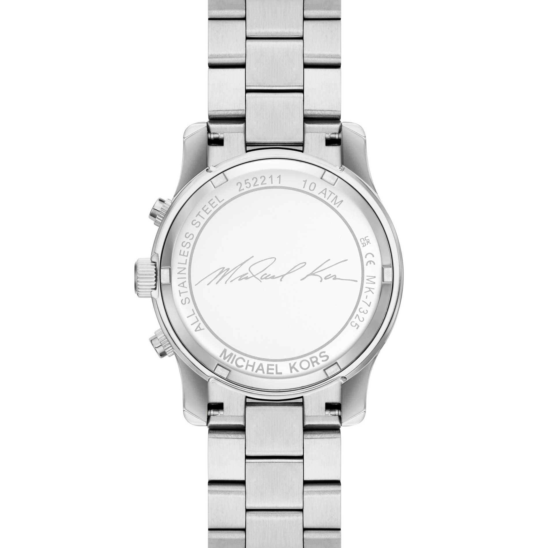 Michael Kors Runway MK7325 dameur i sølvfarvet stål med sølvfarvet skive. På skiven er der tre chronographer samt dato. Uret er signeret med "Michael Kors" på bagkassen. Uret er set bagfra med åben lænke.