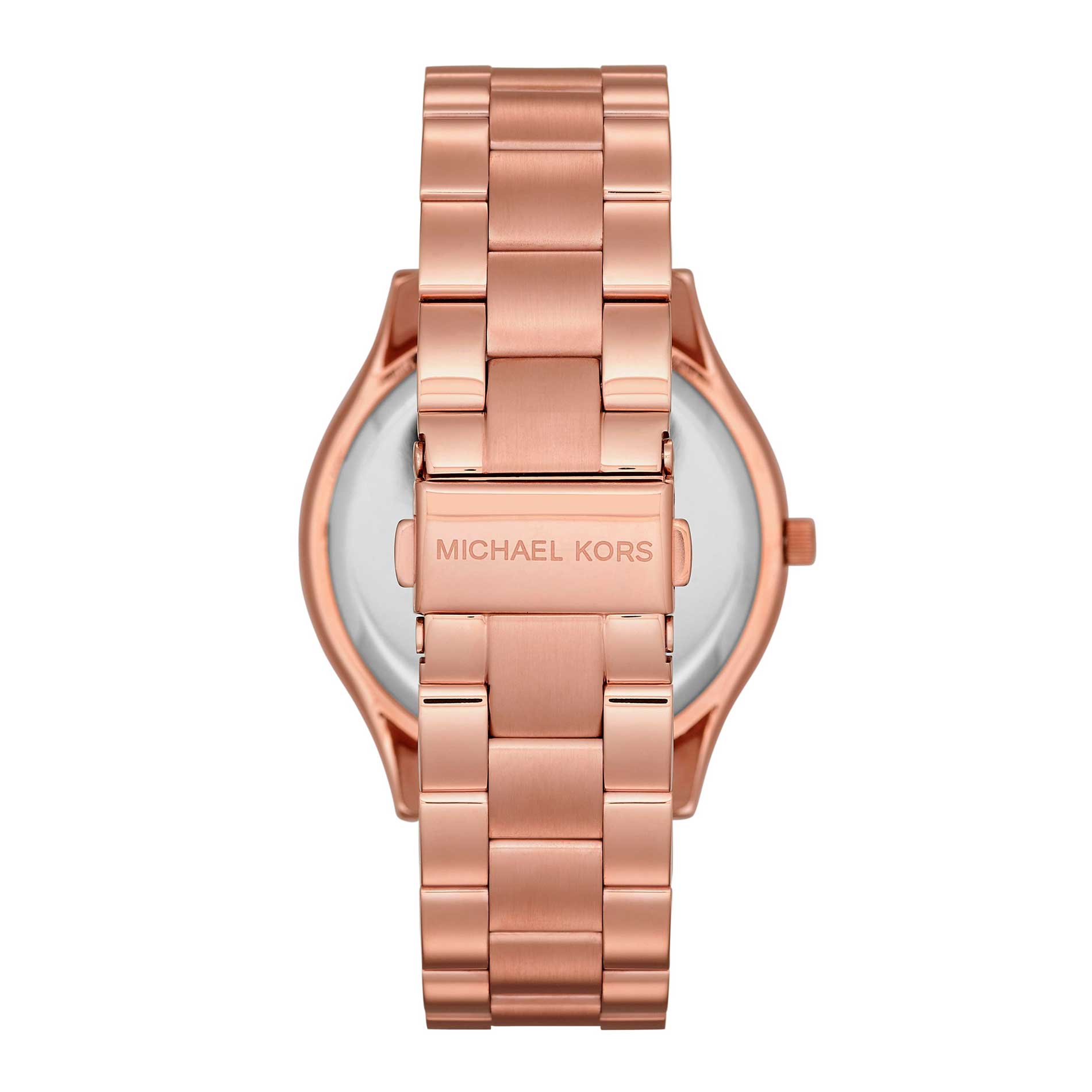 Michael Kors Slim Runway MK3178 dameur i rosafarvet rustfrit stål. Uret har en flot rosa urskive med indeksmarkeringer. Uret er set bagfra.