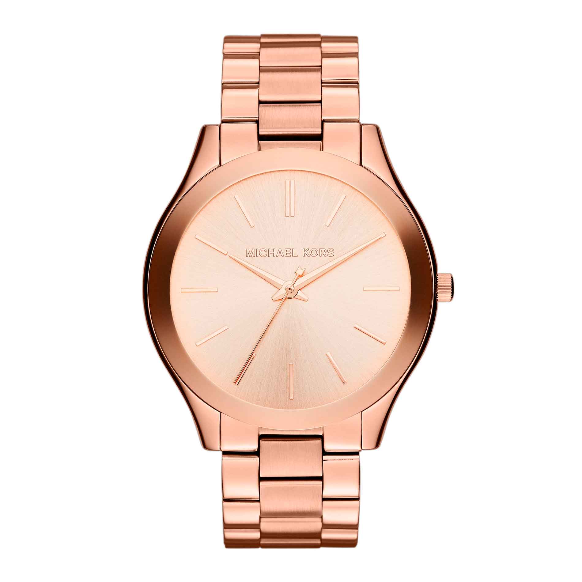 Michael Kors Slim Runway MK3178 dameur i rosafarvet rustfrit stål. Uret har en flot rosa urskive med indeksmarkeringer. Uret er set forfra.
