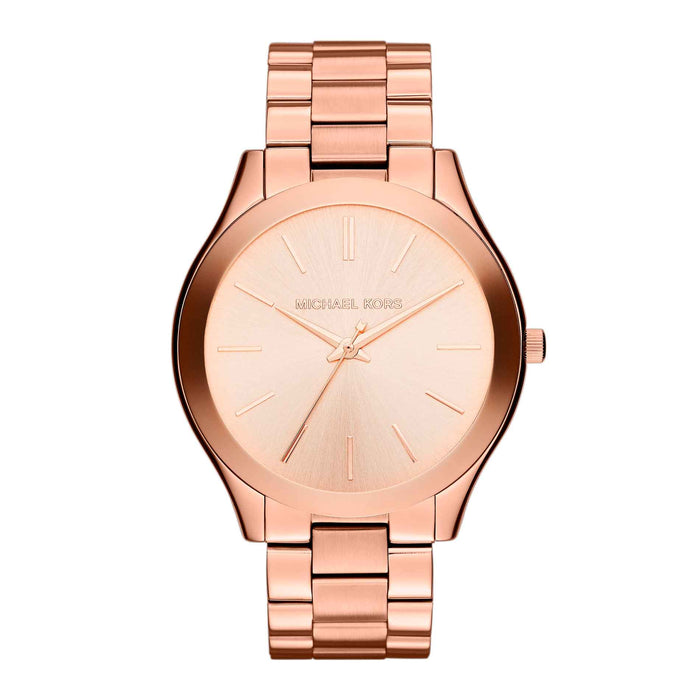 Michael Kors Slim Runway MK3178 dameur i rosafarvet rustfrit stål. Uret har en flot rosa urskive med indeksmarkeringer. Uret er set forfra.