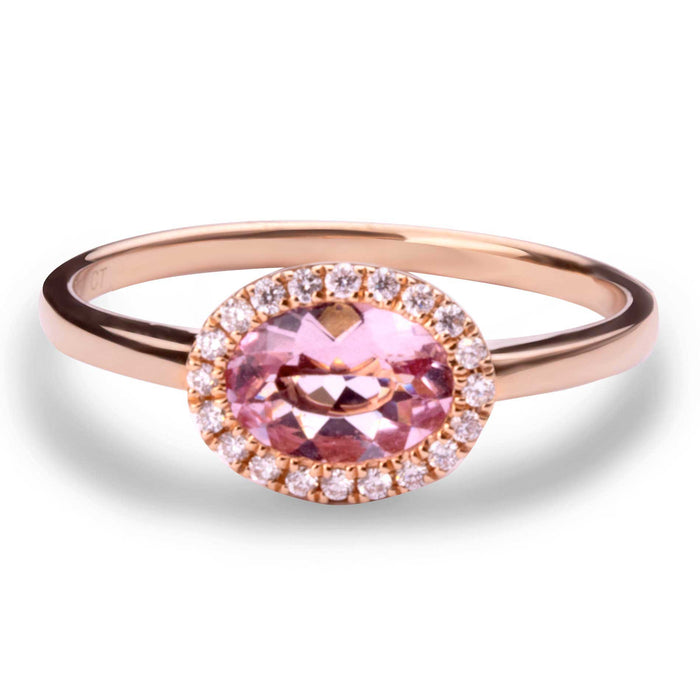 Ring i rosaguld med en rosa morganit og hvide diamanter