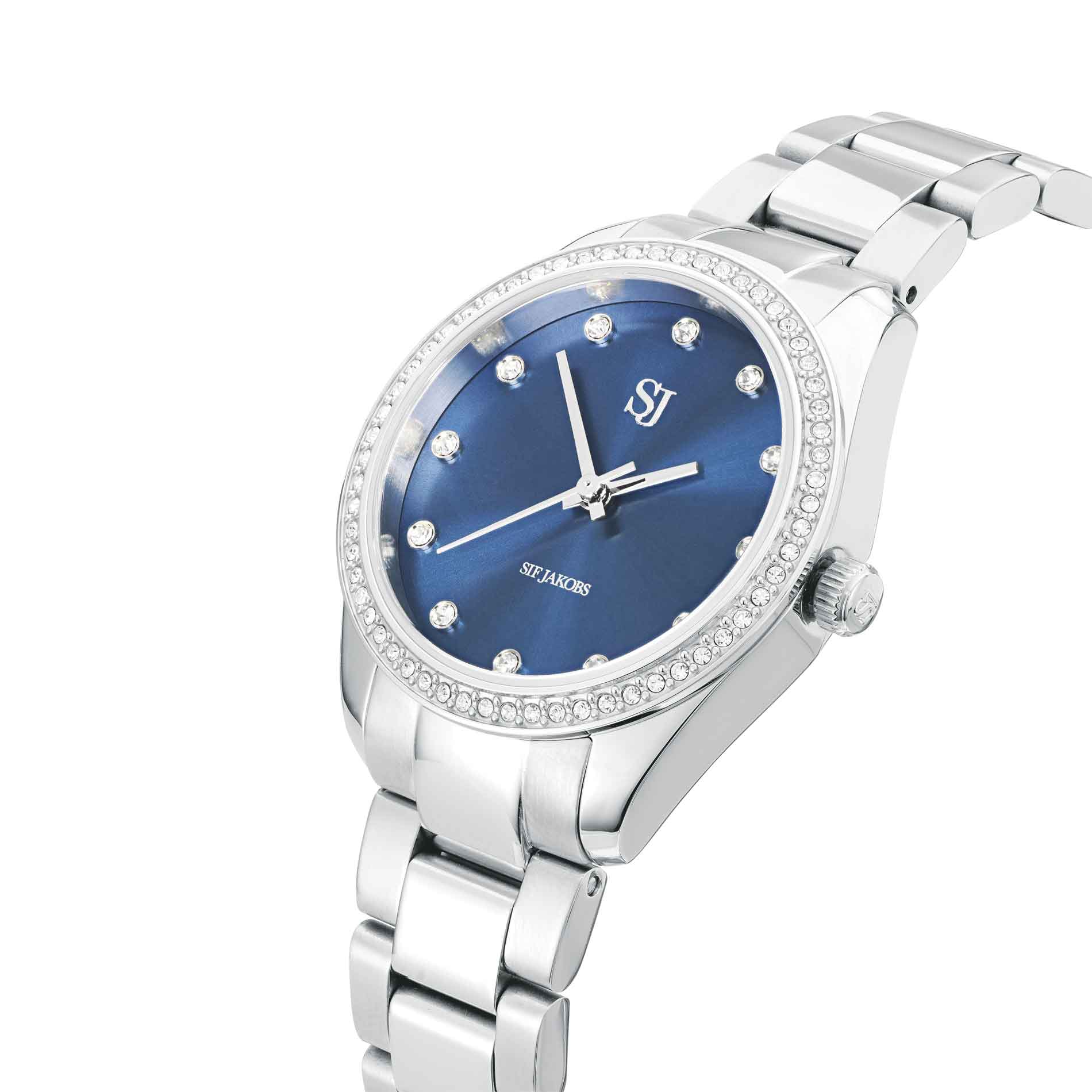 Sif Jakobs ur i stål med blå skive og klare zirkonia sten
