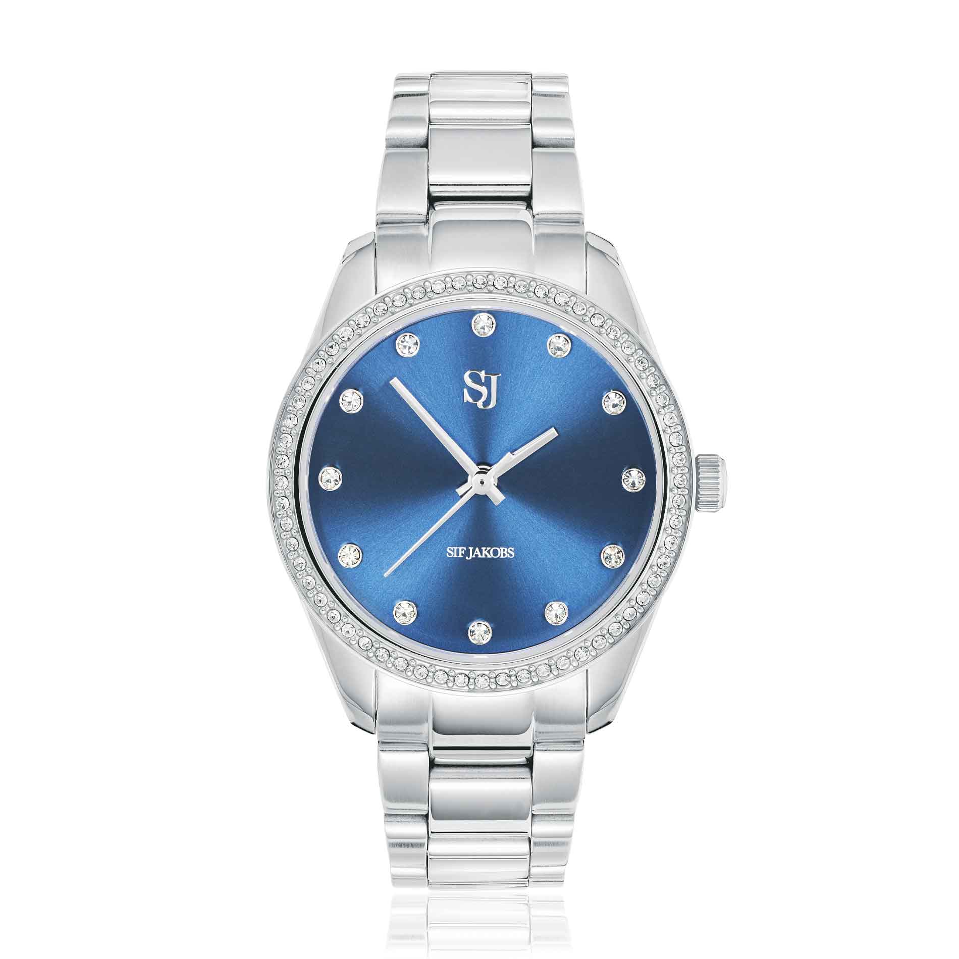 Sif Jakobs ur i stål med blå skive og klare zirkonia sten