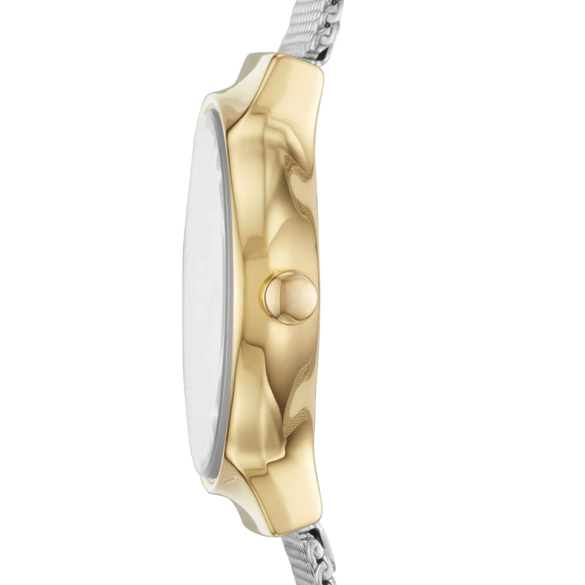 Skagen dameur i stål med meshlænke, funklende sten og guldfarvet urkasse. Uret ses fra siden.