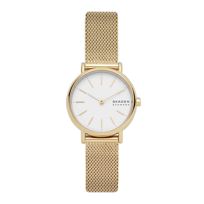 Skagen dameur i guldtonet stål med meshlænke og indeksmarkeringer på urskiven. Uret ses forfra.