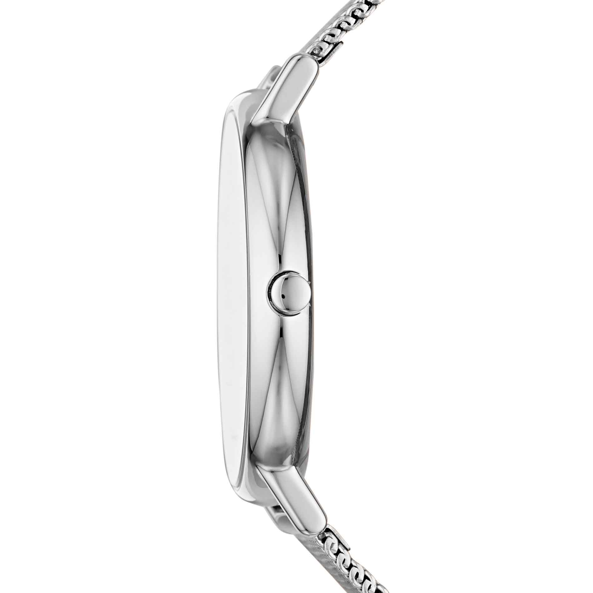 Skagen dameur i rustfrit stål med indeksmarkeringer på urskiven og meshlænke. Uret ses fra siden.