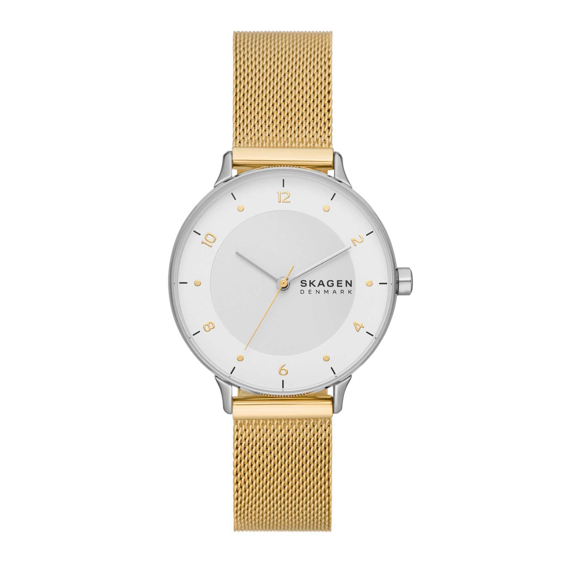 Skagen dameur med urkasse i rustfrit stål og meshlænke i guldtonet stål. Uret har hvid skive med arabertal og sekundviser. Uret ses forfra.
