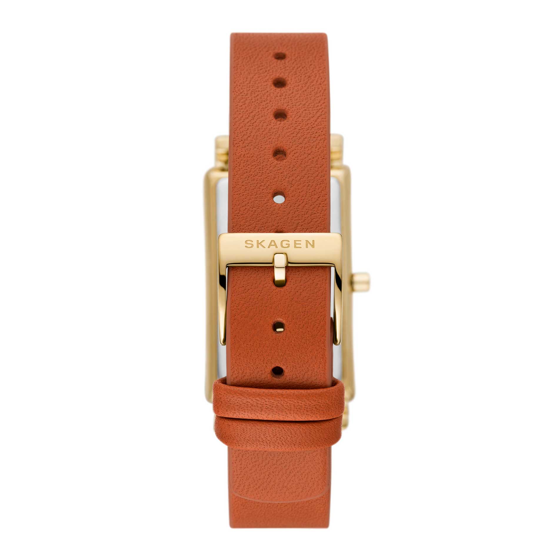 Skagen dameur med firkantet urkasse i guldtonet stål og brun læderrem. Uret har hvid skive med indeksmarkeringer og sekundviser. Uret ses bagfra.