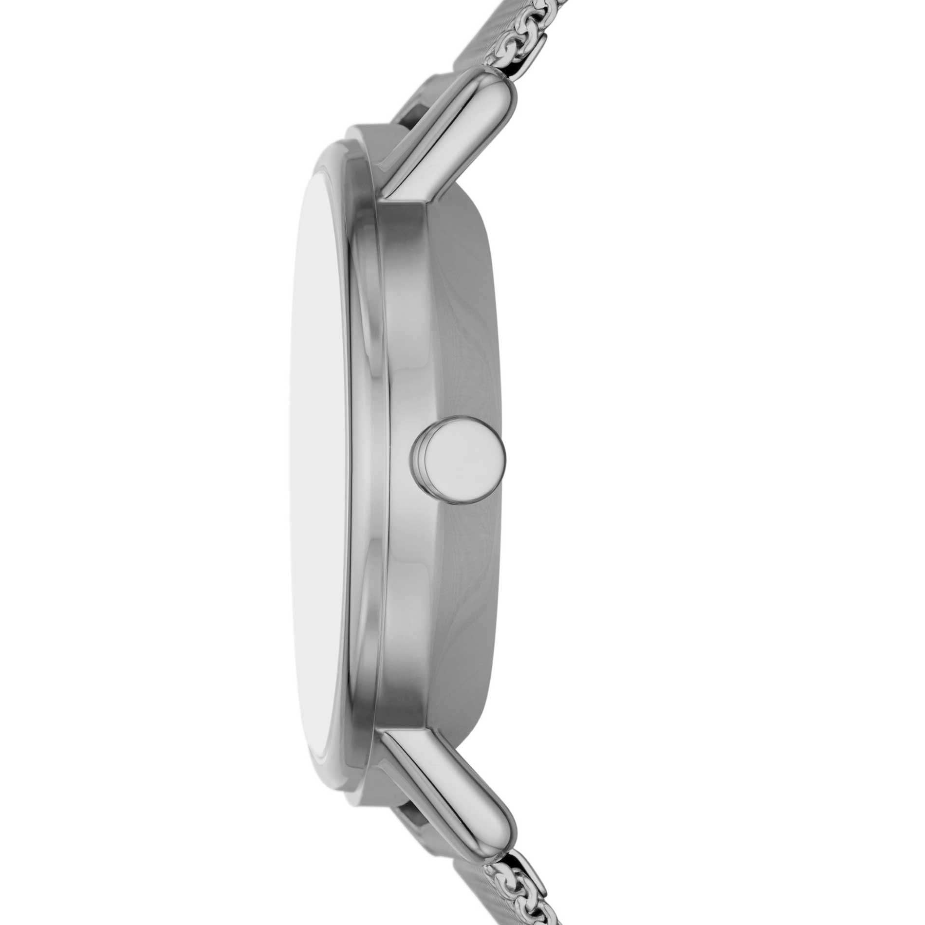 Skagen dameur med urkasse i rustfrit stål og matchende meshlænke. Uret har hvid skive med arabertal og sekundviser. Uret ses fra siden.