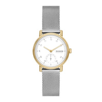 Skagen dameur med urkasse i guldtonet stål og stål-meshlænke. Uret har hvid skive med arabertal og sekundviser. Uret ses forfra.