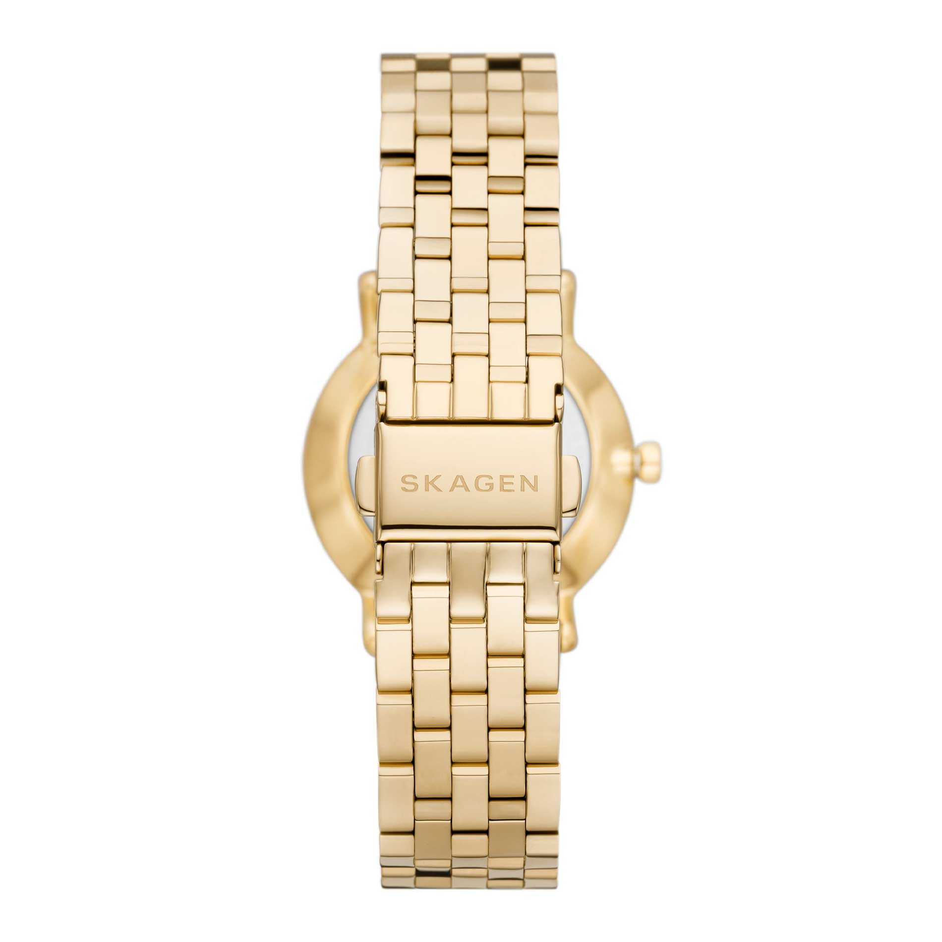 Skagen dameur med urkasse i guldtonet stål og stål-meshlænke. Uret har hvid skive med arabertal og sekundviser. Uret ses bagfra.