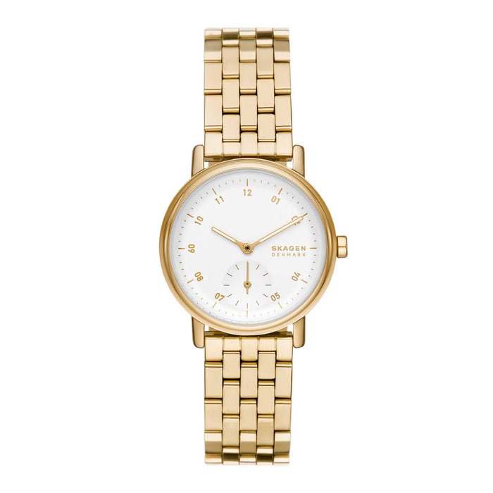 Skagen dameur med urkasse i guldtonet stål og stål-meshlænke. Uret har hvid skive med arabertal og sekundviser. Uret ses forfra.