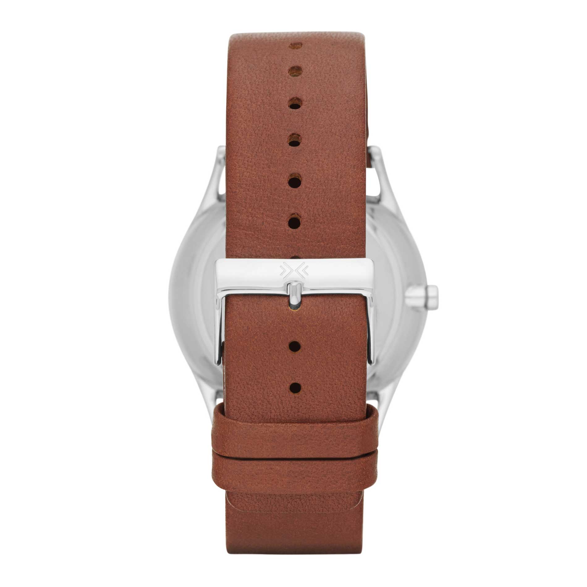 Skagen herreur med stålurkasse, sort skive og brun læderrem. Uret har to chronographer på skiven. Uret ses bagfra.