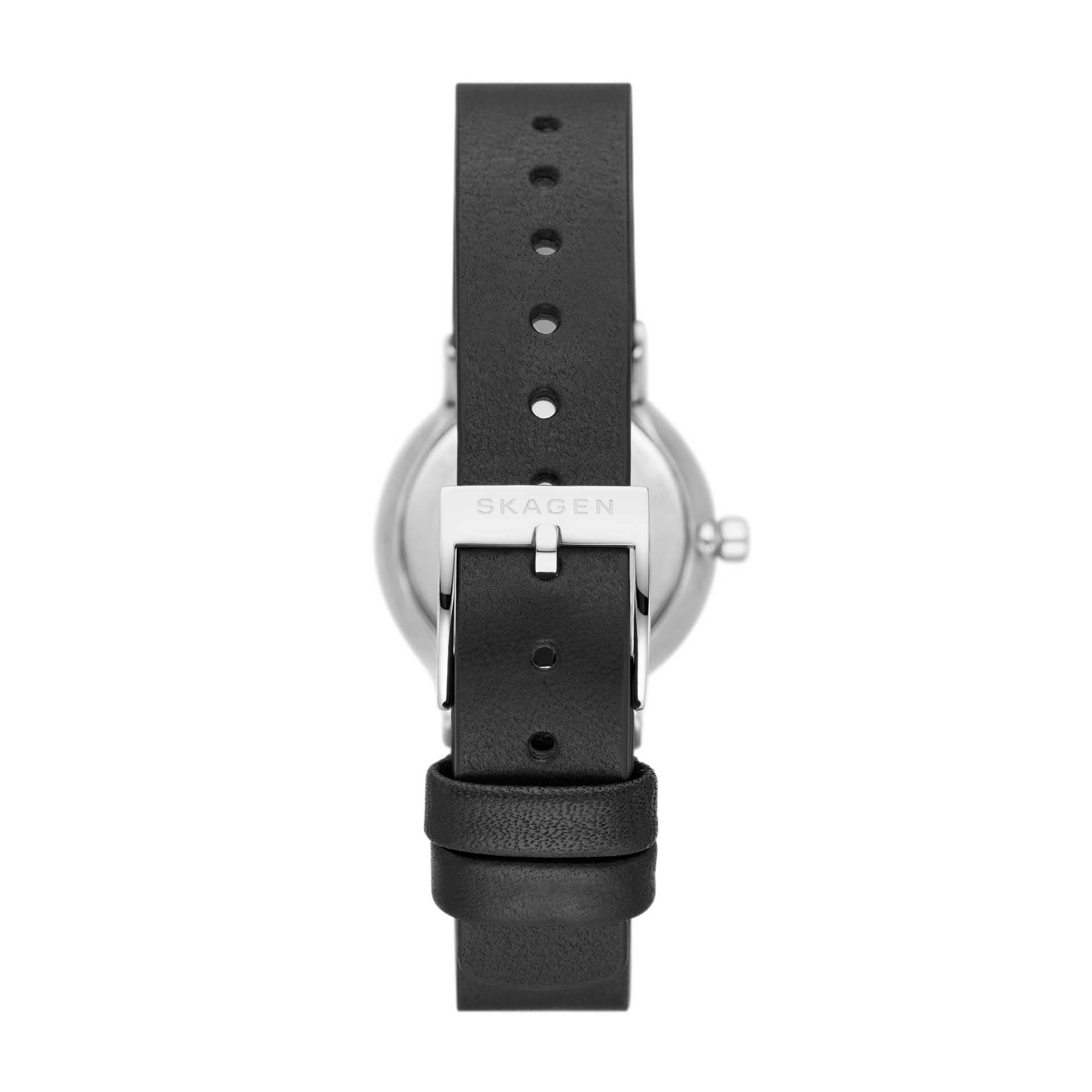 Skagen ur med sølv skive og sort læderrem, set bagfra